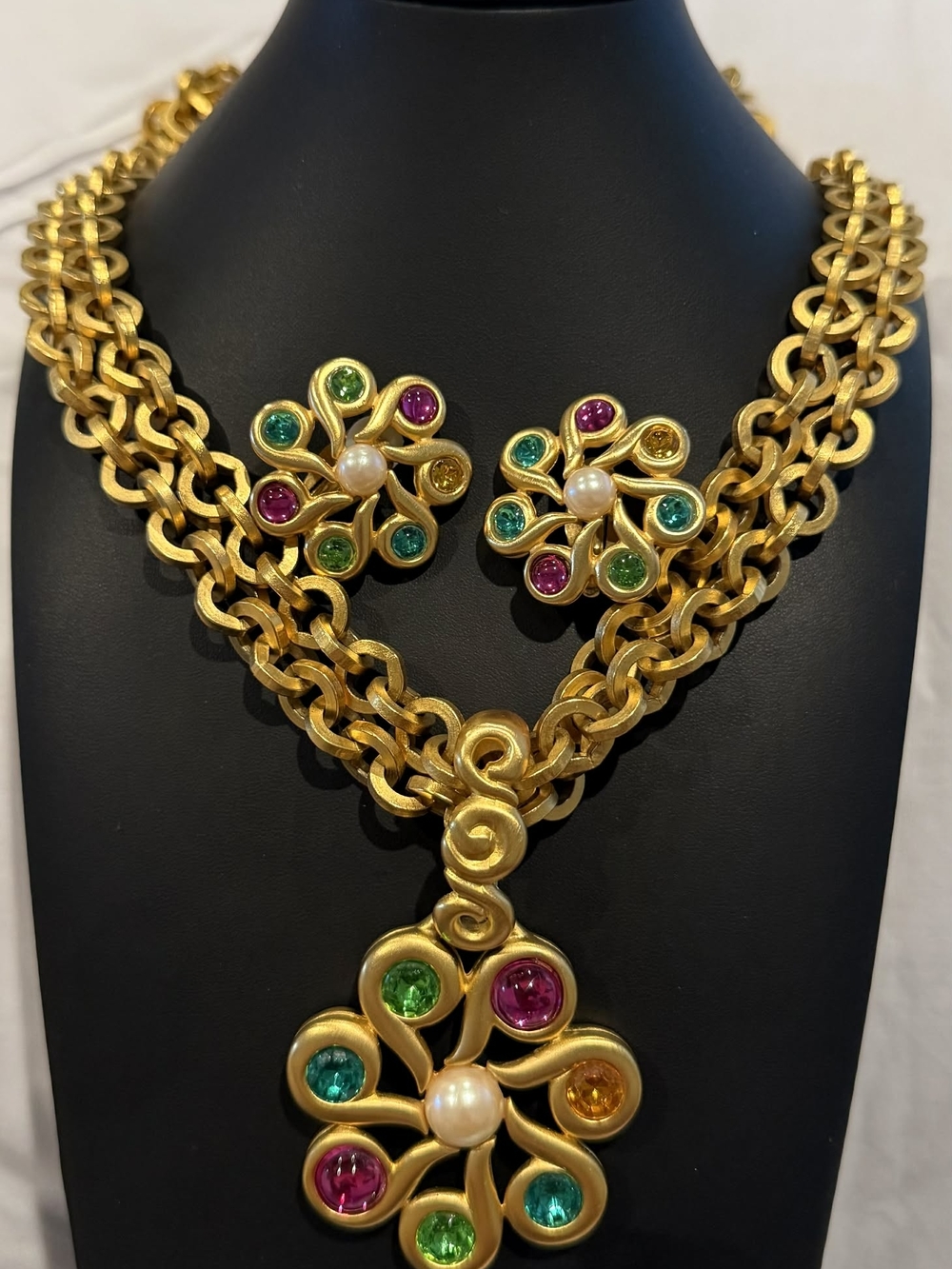 Givenchy Gold-Tone Multistone Flower Pendant Necklace with Clip Earrings